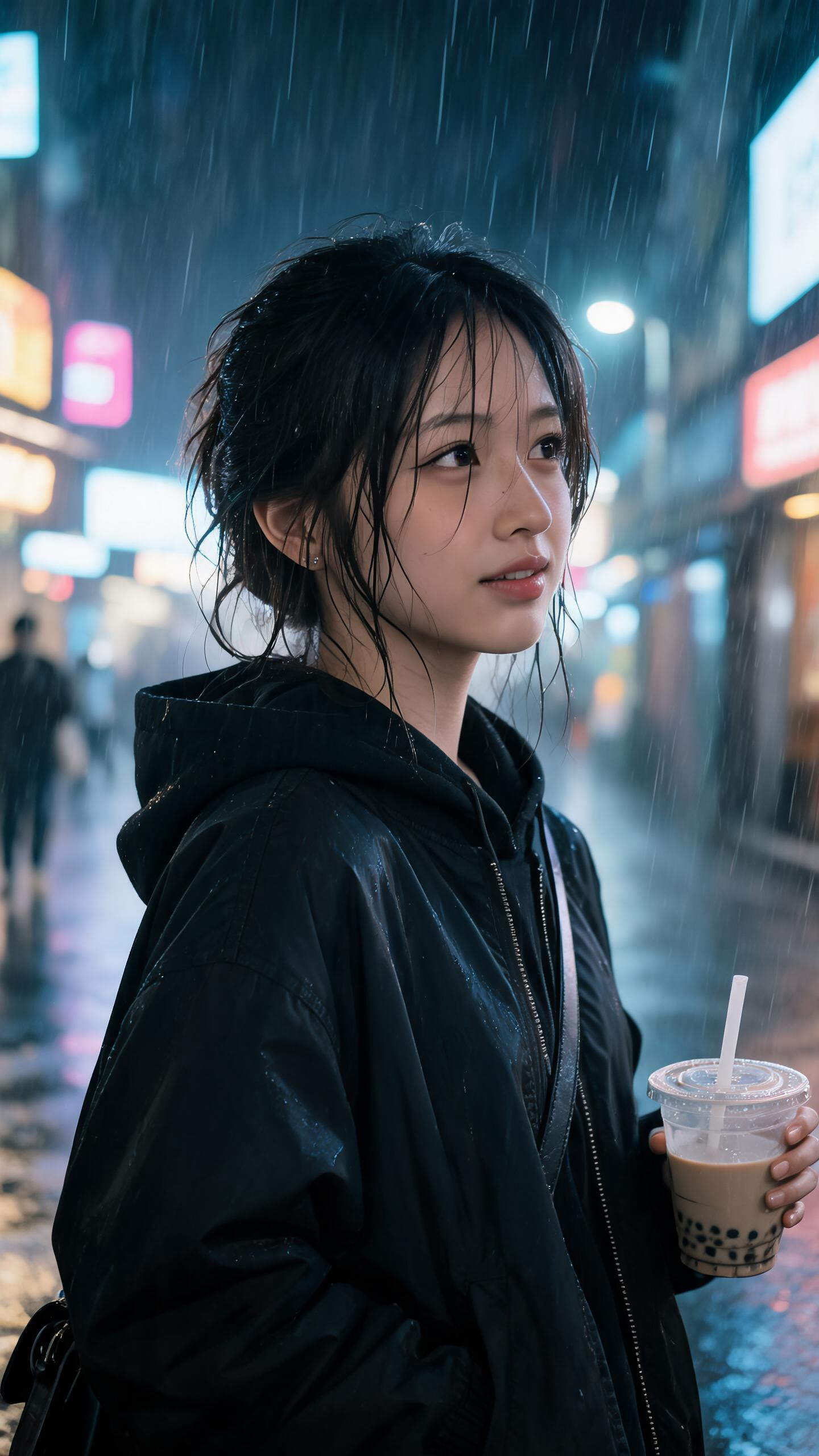 Cinematic rainy street portrait generated from the original reference photo