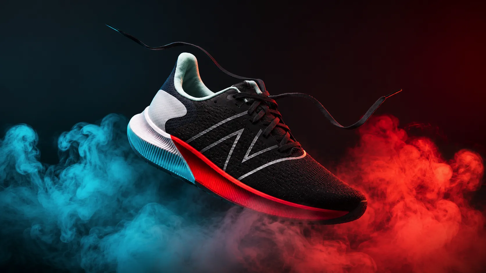 Black performance shoe floating in red and cyan campaign smoke after AI editing