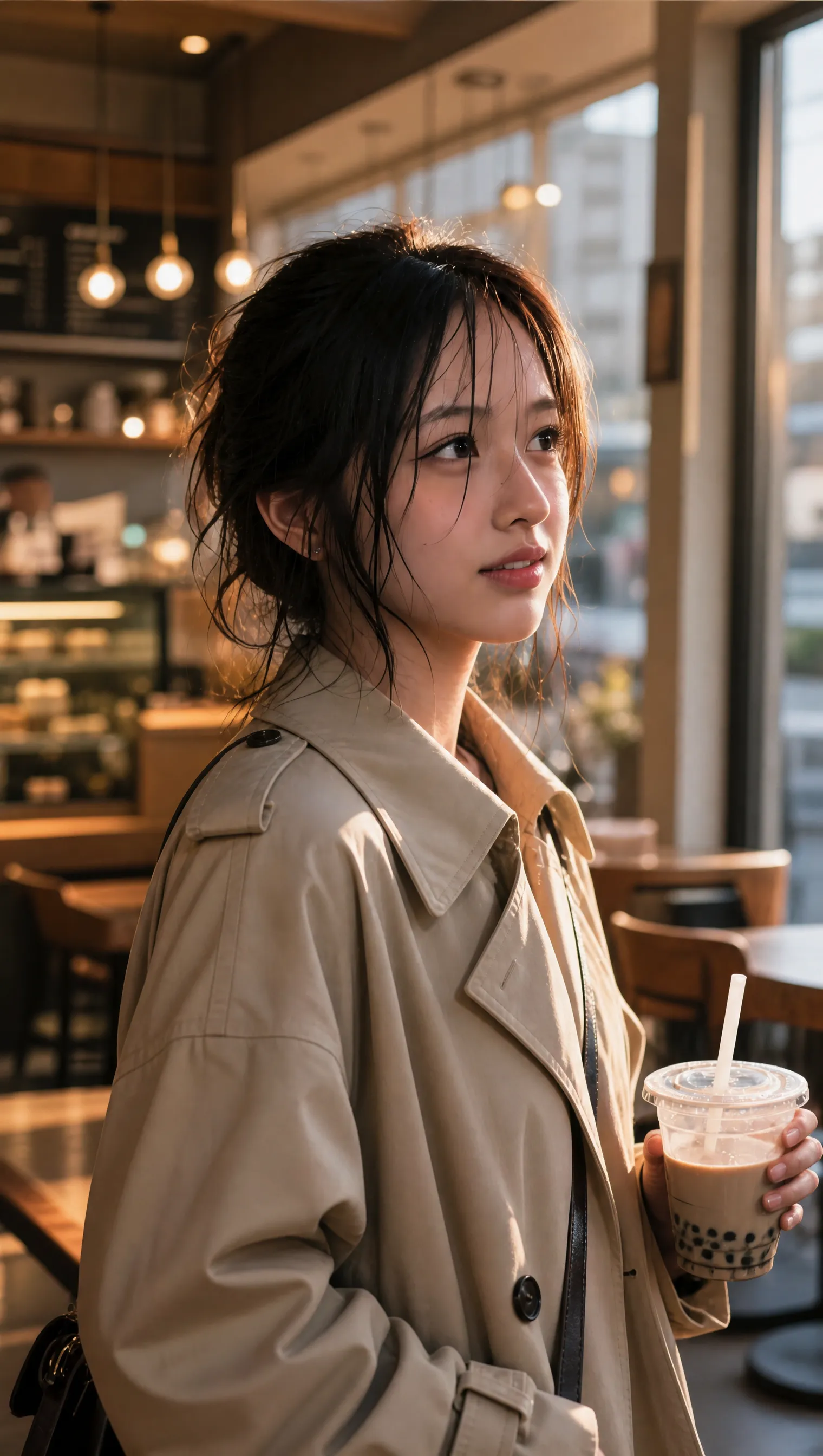 Portrait transformed into a warm cafe scene with AI