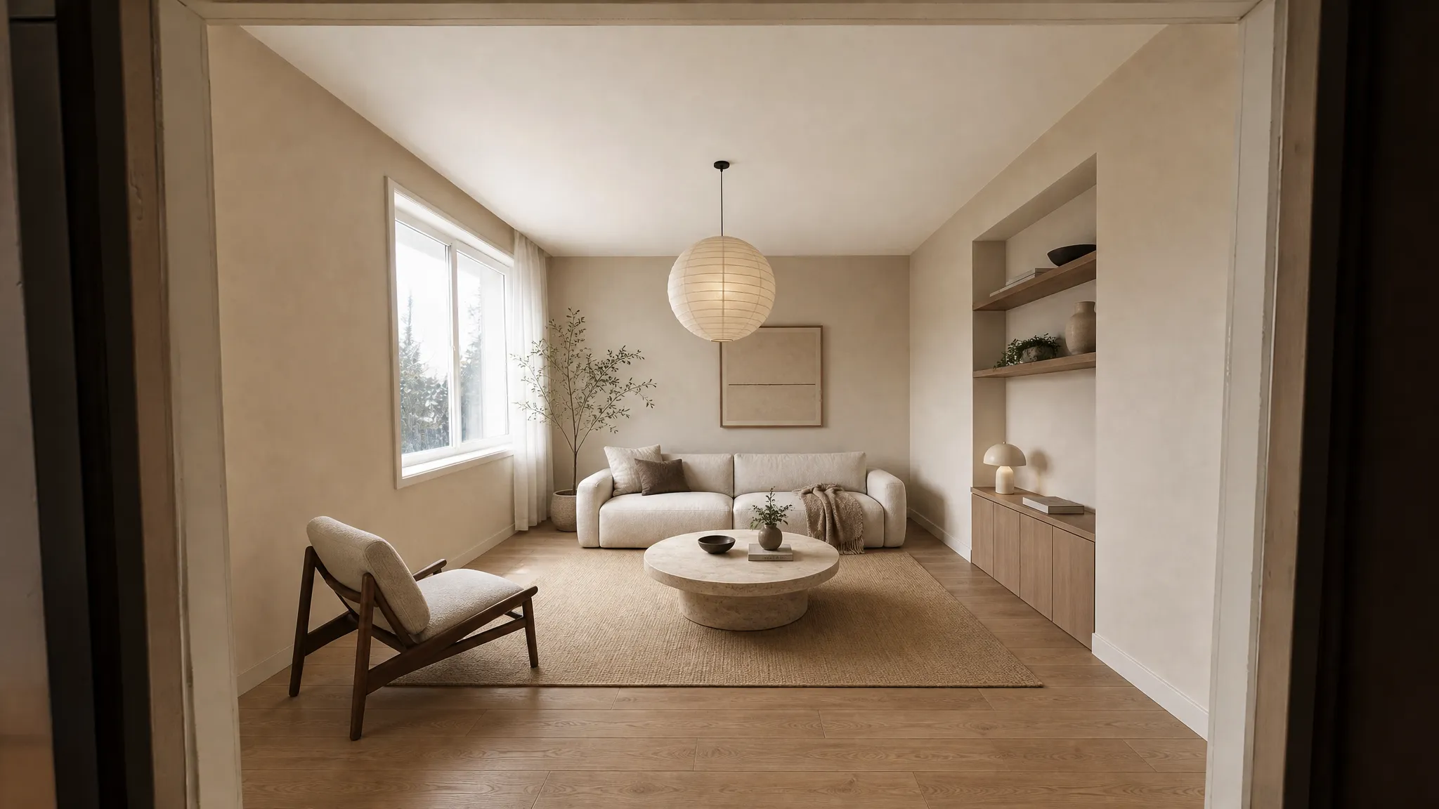 Living room redesigned as a warm Japandi interior after AI editing